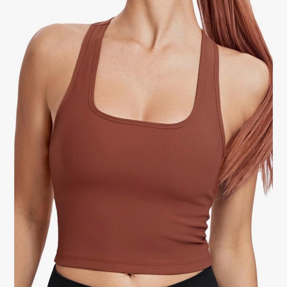 Baydi Sports Ribbed Square Neck Crop Workout Tank Top-Bra Lined